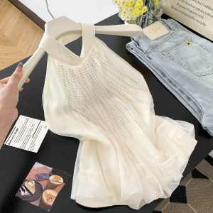 Apricot Halter Neck Sleeveless Sequin Tank Top for Women Summer New Loose Fit Versatile Camisole