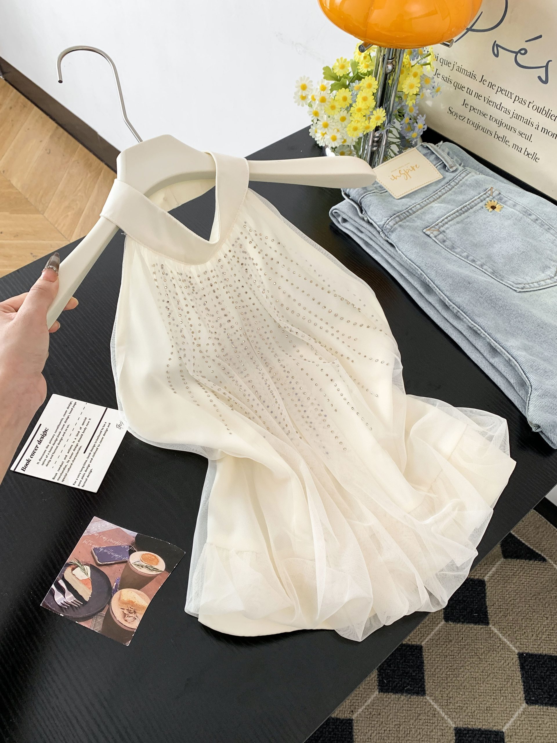 Apricot Halter Neck Sleeveless Sequin Tank Top for Women Summer New Loose Fit Versatile Camisole
