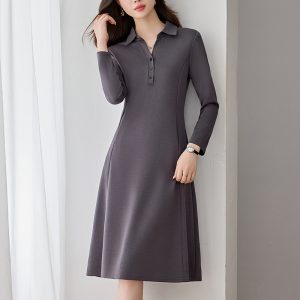 Dark Gray Polo Collar Long Sleeve Midi Dress Plus Size Women's Autumn Winter Base Layer