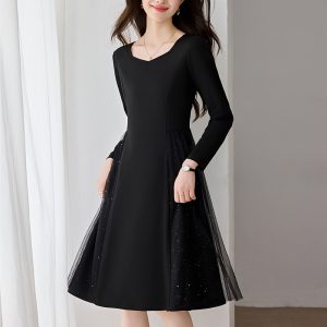 Elegant Black Loose Slimming Sparkling Mesh Plus Size Long Sleeve Midi Dress for Women
