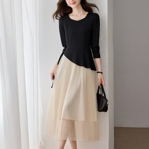 Elegant Women's Plus Size Mesh Faux Two-Piece Long Sleeve Midi Dress for Fall
