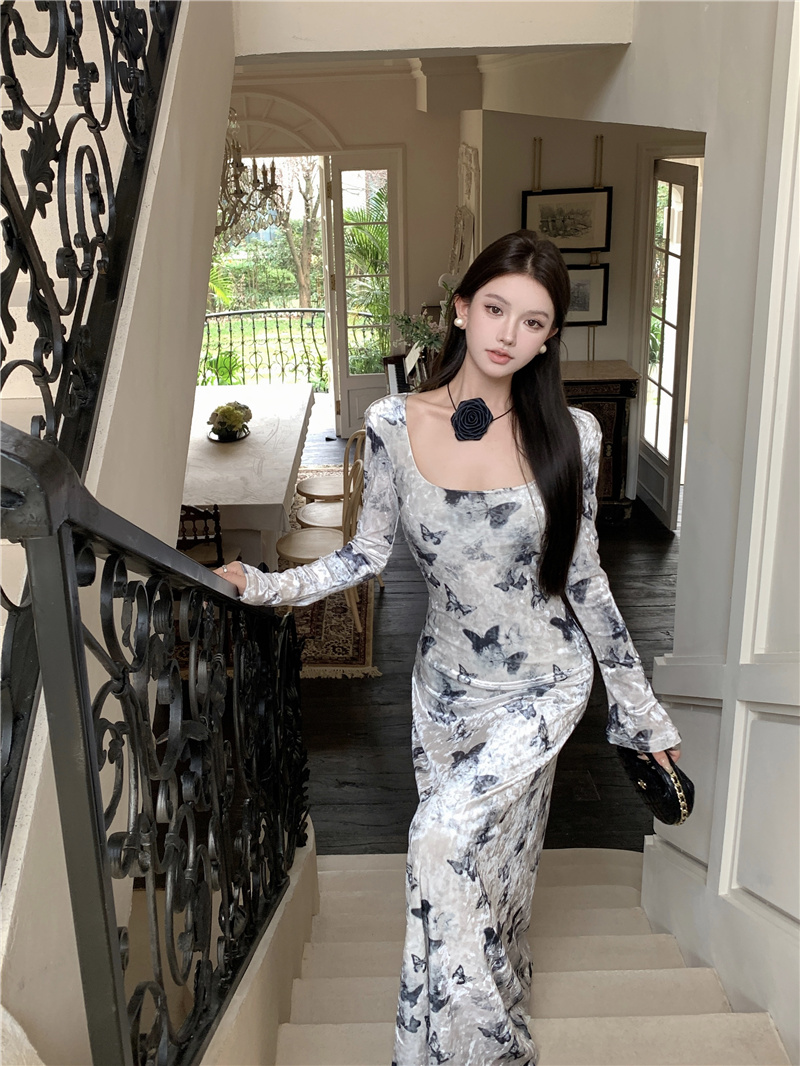 French Elegant Velvet Print Midi Dress - Image 2