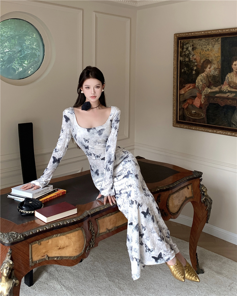 French Elegant Velvet Print Midi Dress - Image 3