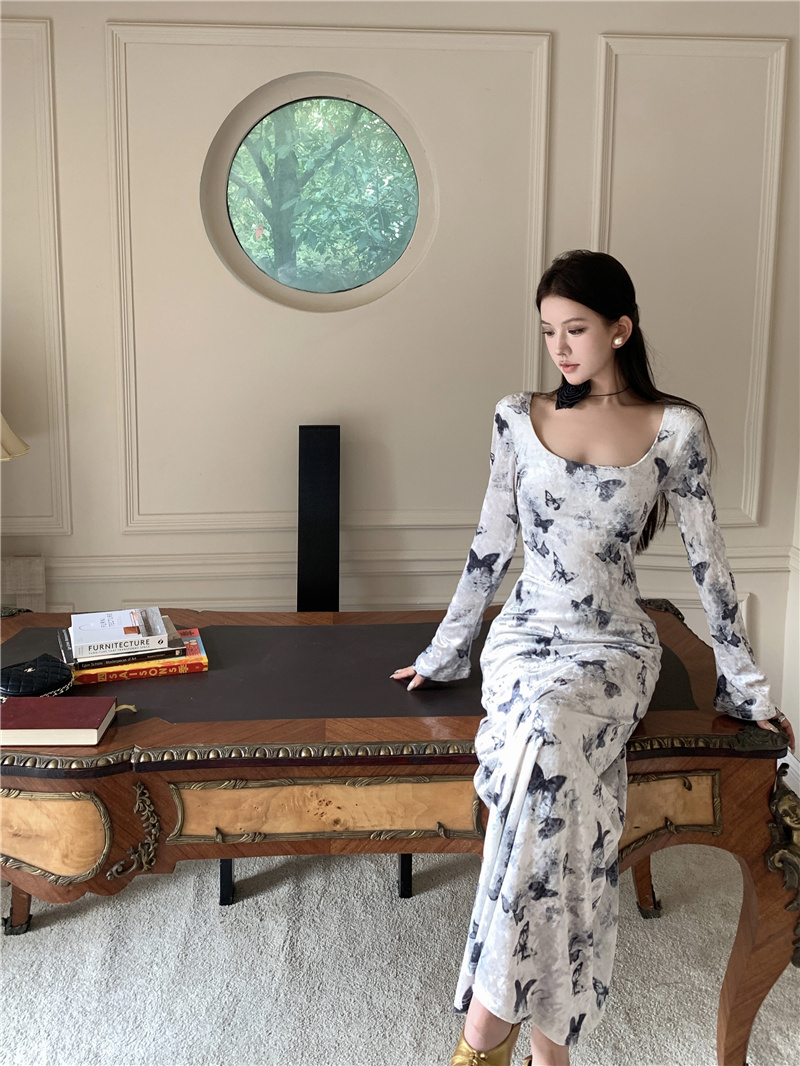 French Elegant Velvet Print Midi Dress - Image 4