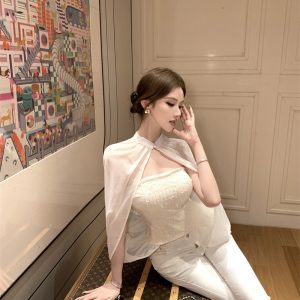 French Lace Strapless Mesh Cape Faux Two-Piece Blouse Top