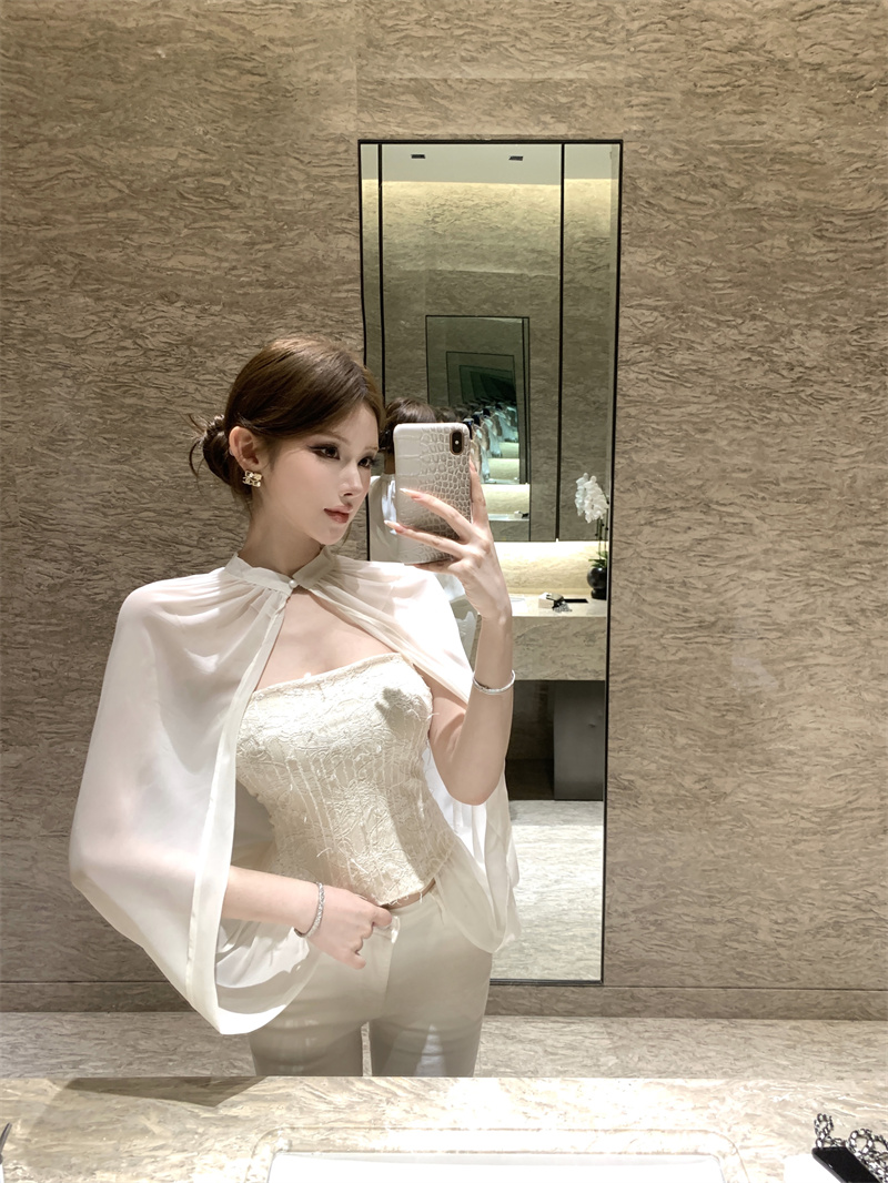French Lace Strapless Mesh Cape Faux Two-Piece Blouse Top - Image 3