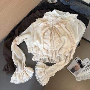 French Palace Lace Spliced Ruffle Hem Long Sleeve Chiffon Top for Women 2026 Autumn Waist-Cinched Chiffon Blouse
