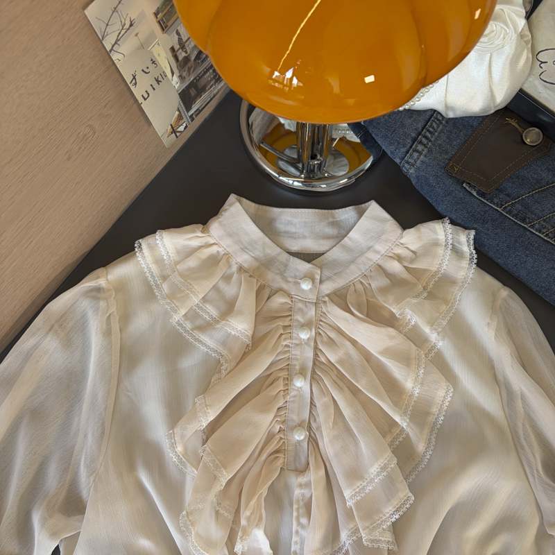 French Palace Lace Spliced Ruffle Hem Long Sleeve Chiffon Top for Women 2026 Autumn Waist-Cinched Chiffon Blouse - Image 2
