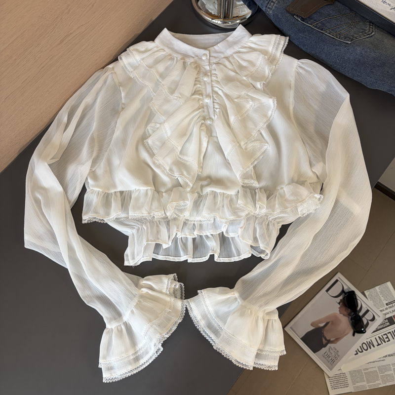 French Palace Lace Spliced Ruffle Hem Long Sleeve Chiffon Top for Women 2026 Autumn Waist-Cinched Chiffon Blouse - Image 4