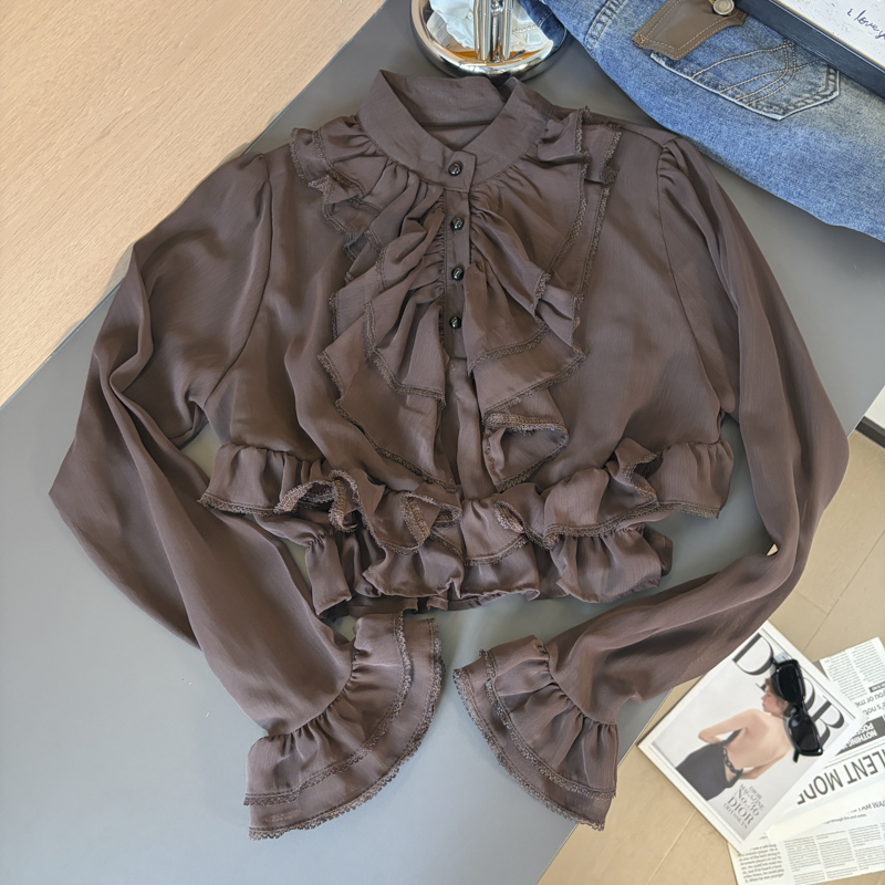 French Palace Lace Spliced Ruffle Hem Long Sleeve Chiffon Top for Women 2026 Autumn Waist-Cinched Chiffon Blouse - Image 5