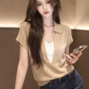 French Polo Collar Faux Two-Piece Knit Short Sleeve T-Shirt for Women Summer Chic Niche Top - Style fabb24