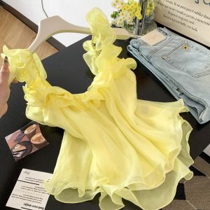 French Ruffle Off-Shoulder Chiffon Top Women Summer Loose Slimming