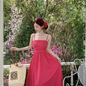 French Style Backless Pleated Midi Dress