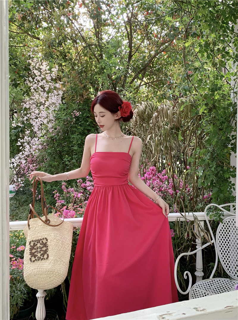 French Style Backless Pleated Midi Dress