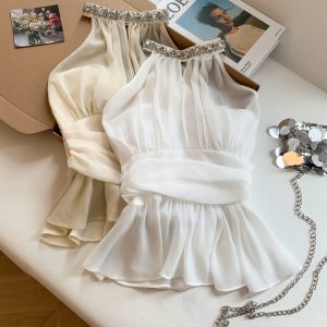 French Style Rhinestone Halter Chiffon Cami Women Slim Fit Ruffle Sleeveless Cropped Top