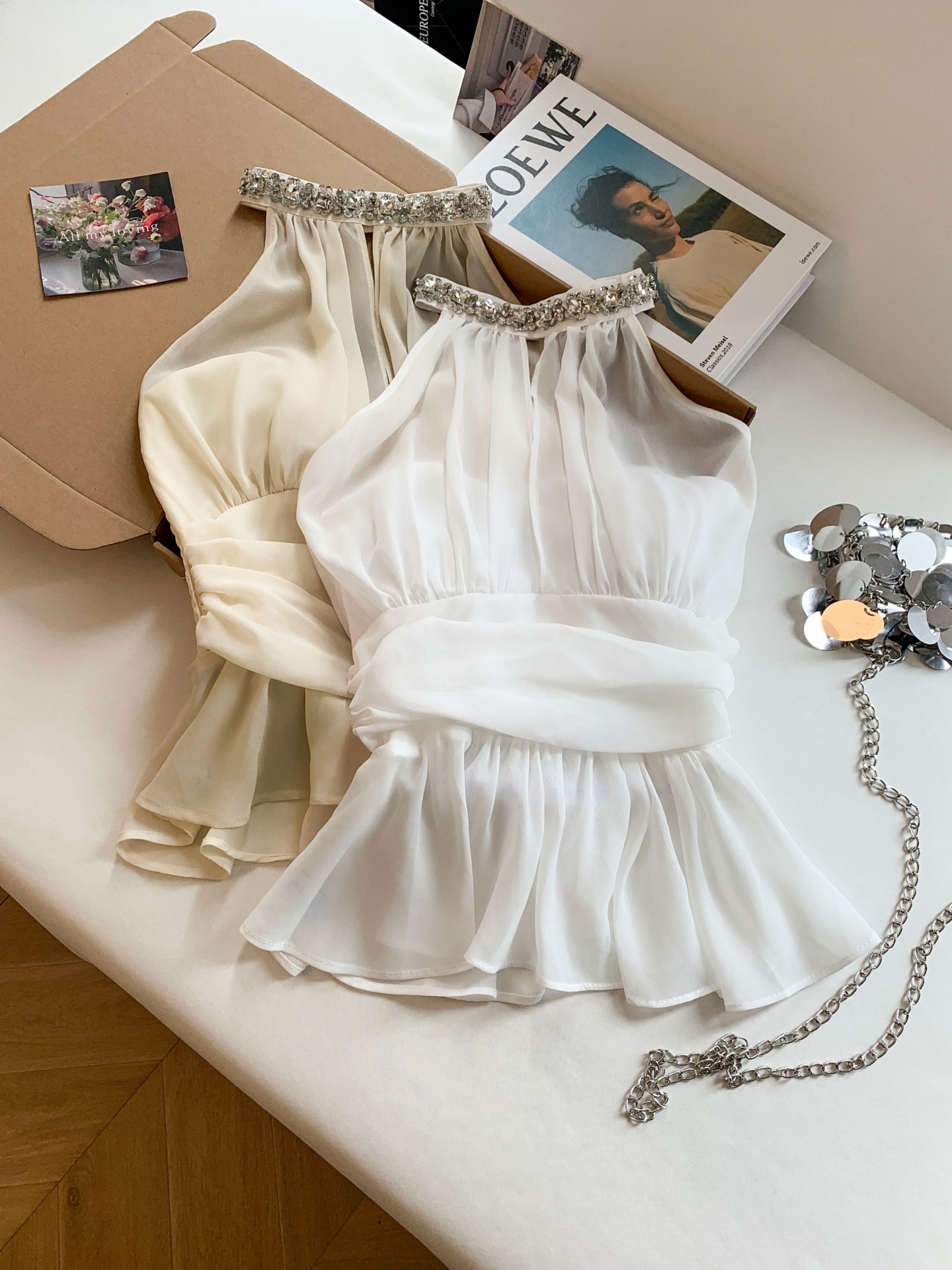 French Style Rhinestone Halter Chiffon Cami Women Slim Fit Ruffle Sleeveless Cropped Top