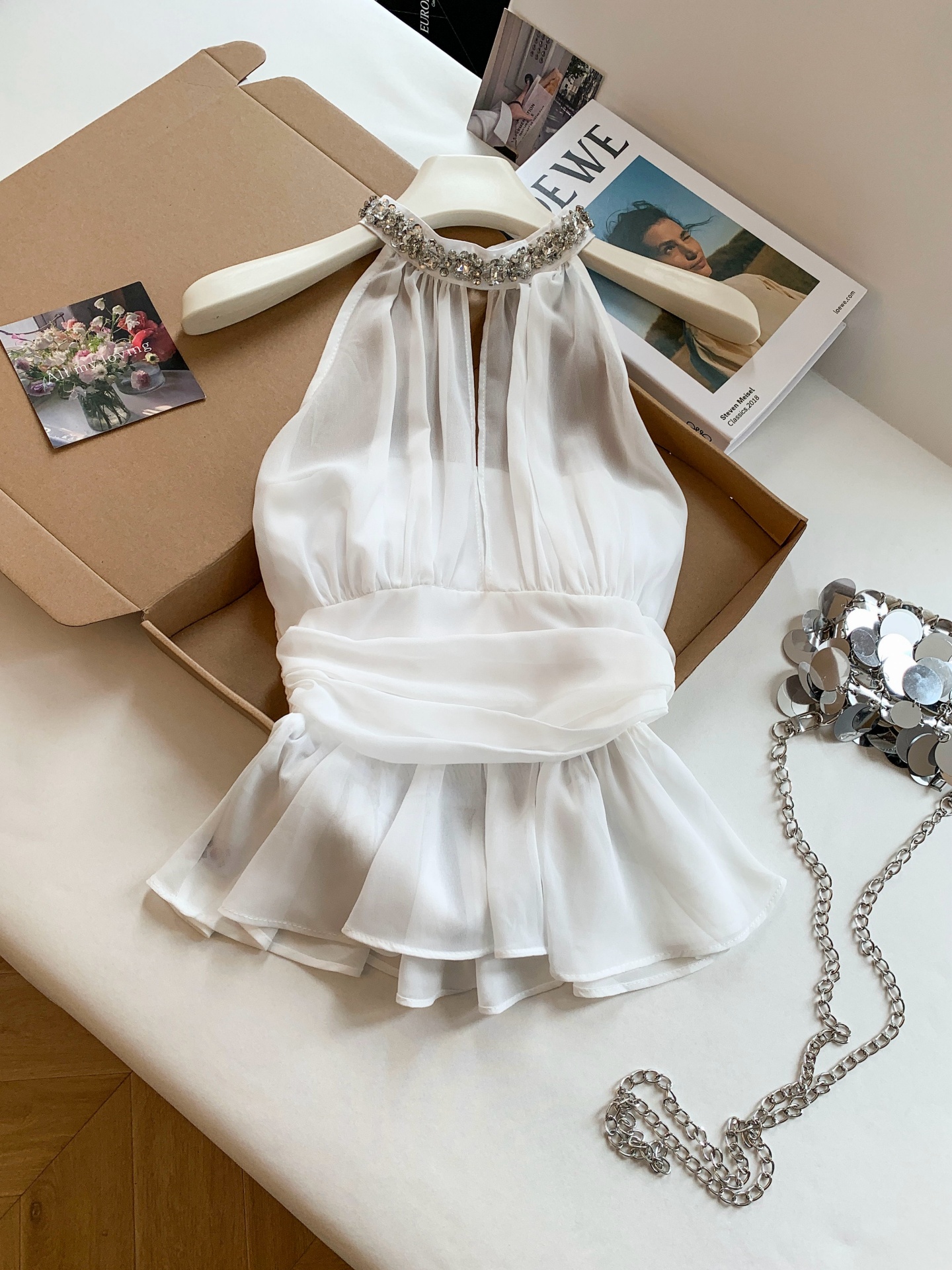 French Style Rhinestone Halter Chiffon Cami Women Slim Fit Ruffle Sleeveless Cropped Top - Image 2