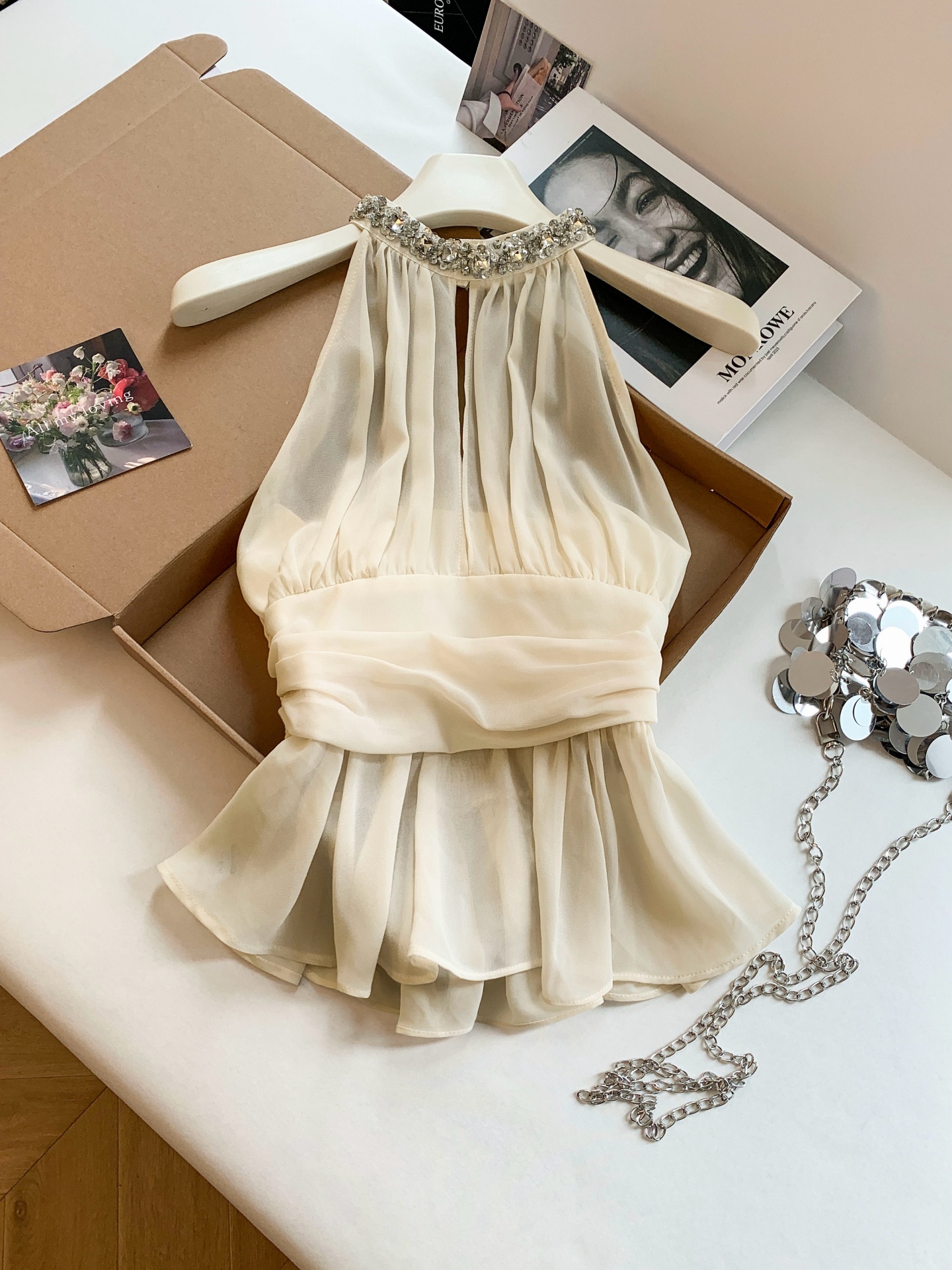 French Style Rhinestone Halter Chiffon Cami Women Slim Fit Ruffle Sleeveless Cropped Top - Image 3