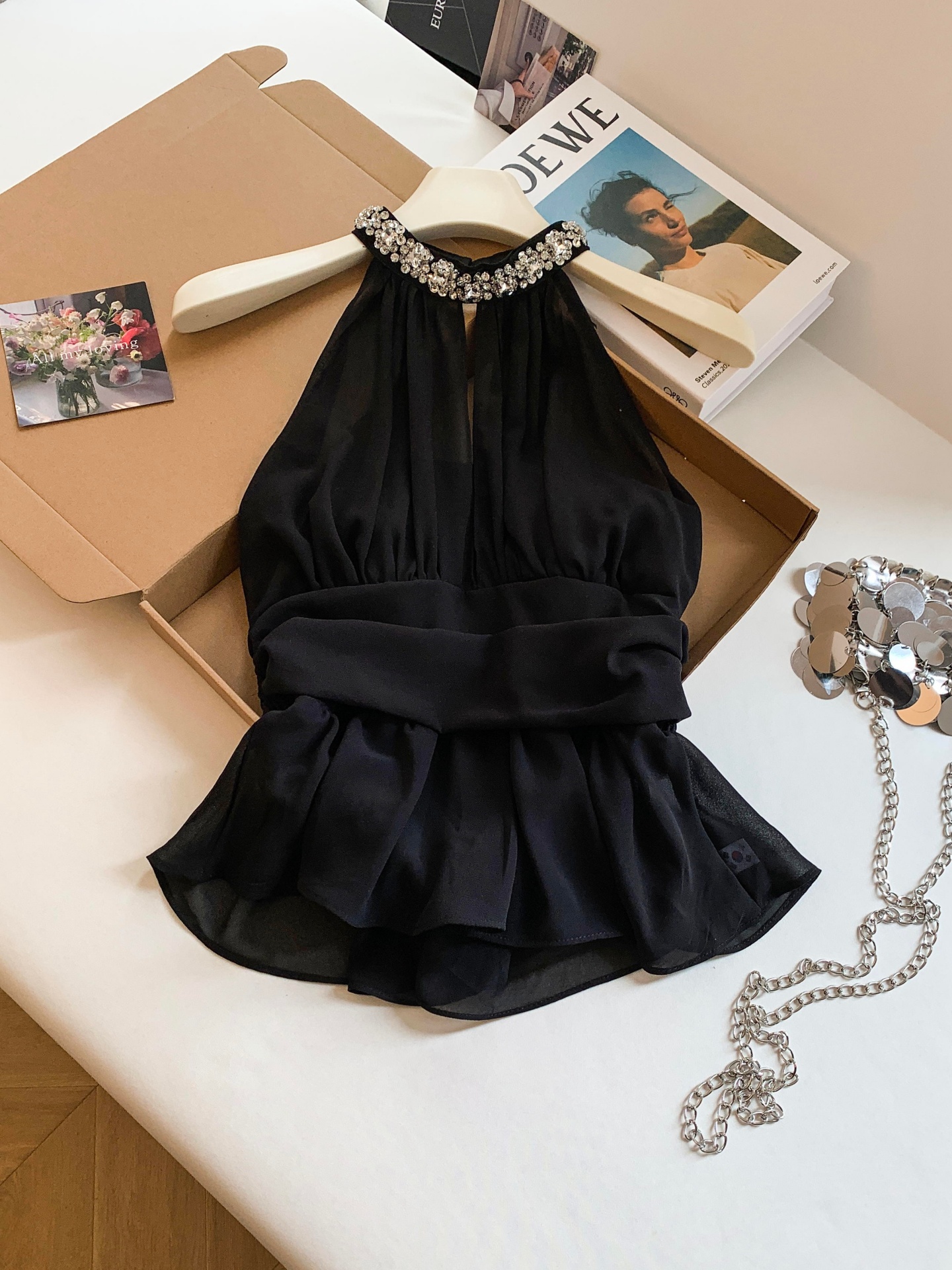 French Style Rhinestone Halter Chiffon Cami Women Slim Fit Ruffle Sleeveless Cropped Top - Image 4
