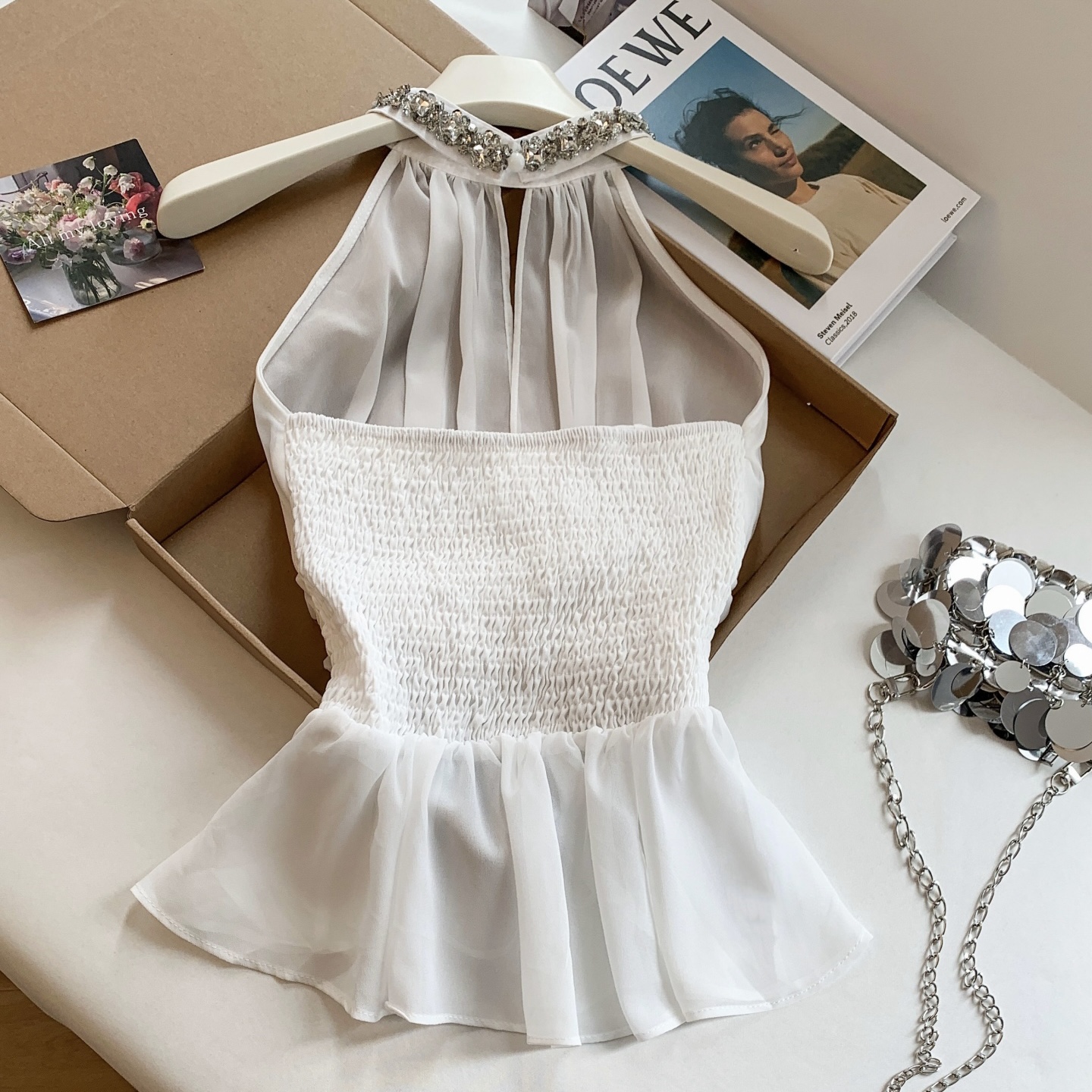 French Style Rhinestone Halter Chiffon Cami Women Slim Fit Ruffle Sleeveless Cropped Top - Image 5