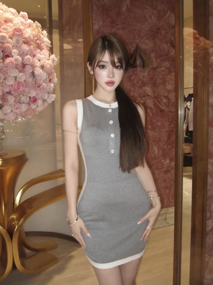 Gray and White Sleeveless Knit Bodycon Dress Slim Fit Mini Summer
