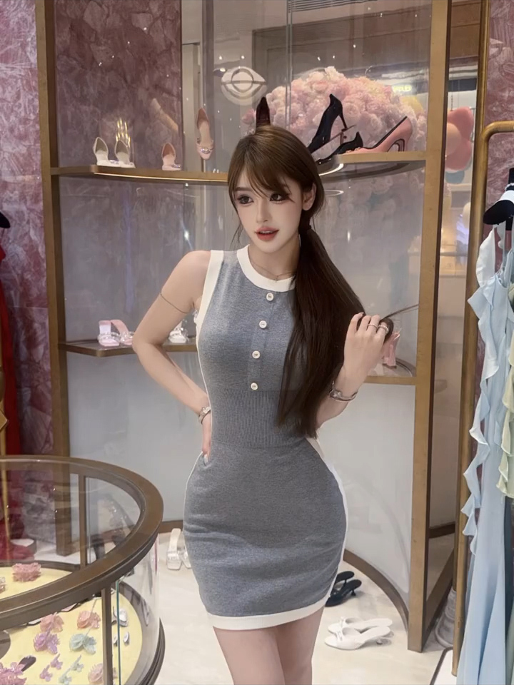 Gray and White Sleeveless Knit Bodycon Dress Slim Fit Mini Summer - Image 2