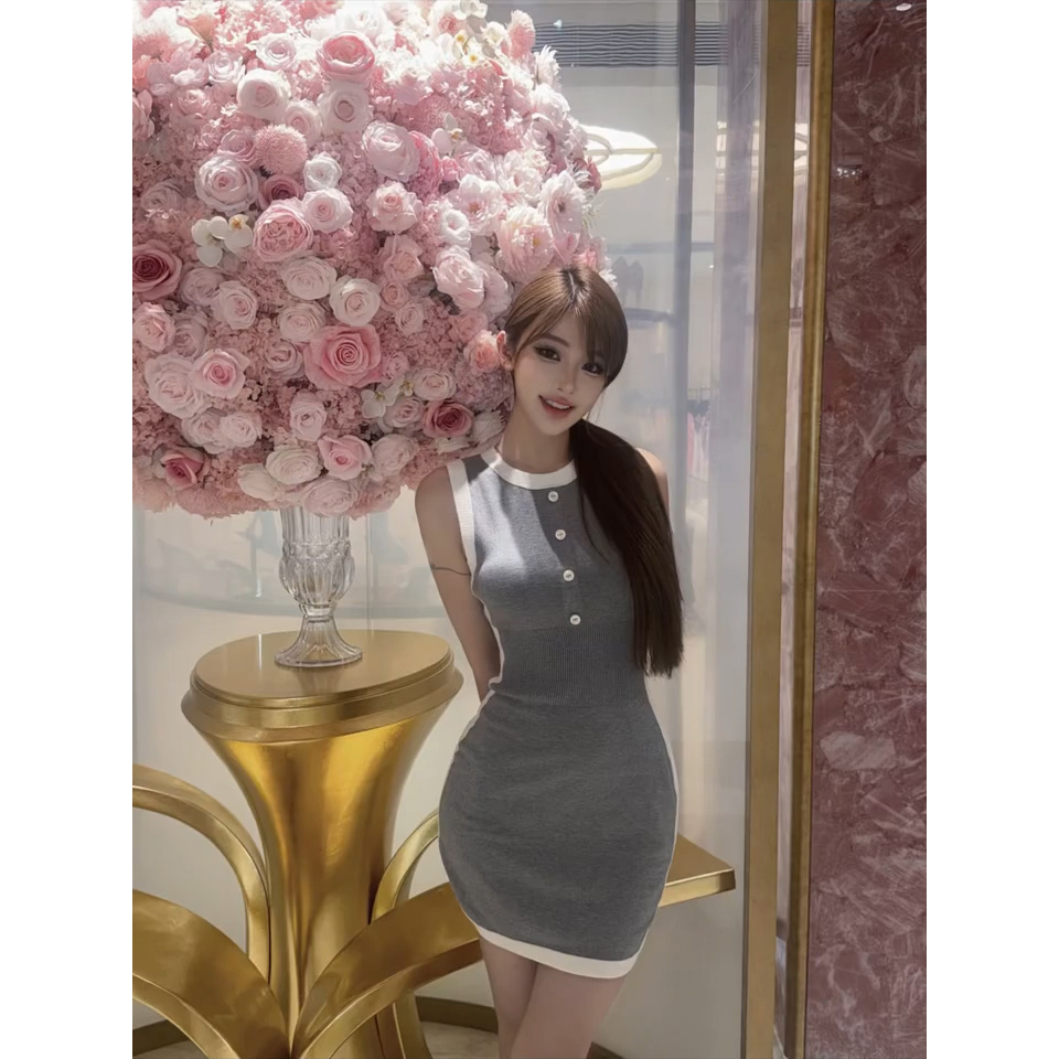 Gray and White Sleeveless Knit Bodycon Dress Slim Fit Mini Summer - Image 5