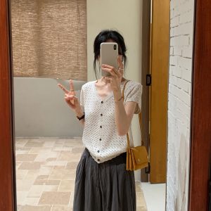 Hollow Out V Neck Short Sleeve Knit Cardigan Women Summer Thin Design Niche Unique Top