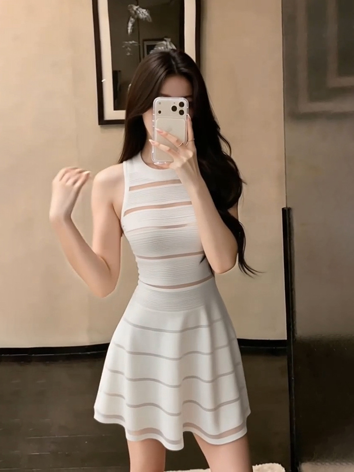 In Stock Wonyoung Same Style Mesh Spliced Hollow Out Black Striped Knit Dress Women Summer New Sleeveless