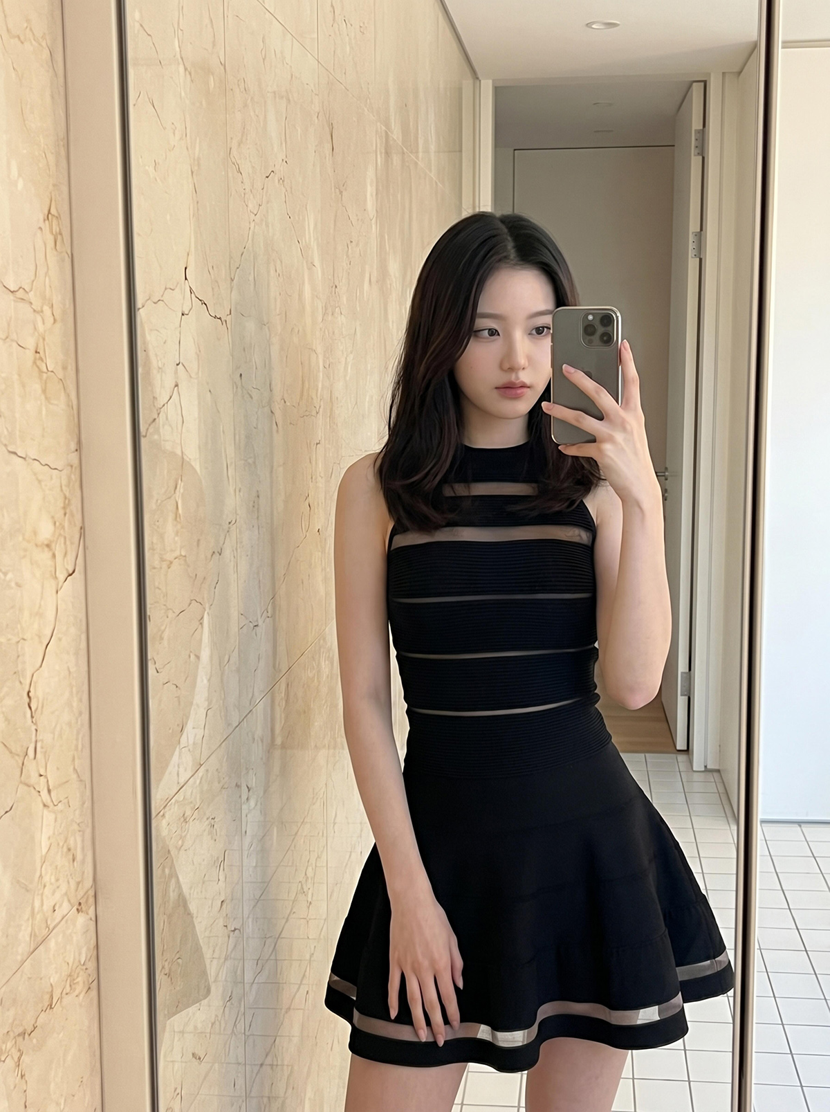 In Stock Wonyoung Same Style Mesh Spliced Hollow Out Black Striped Knit Dress Women Summer New Sleeveless - Image 2