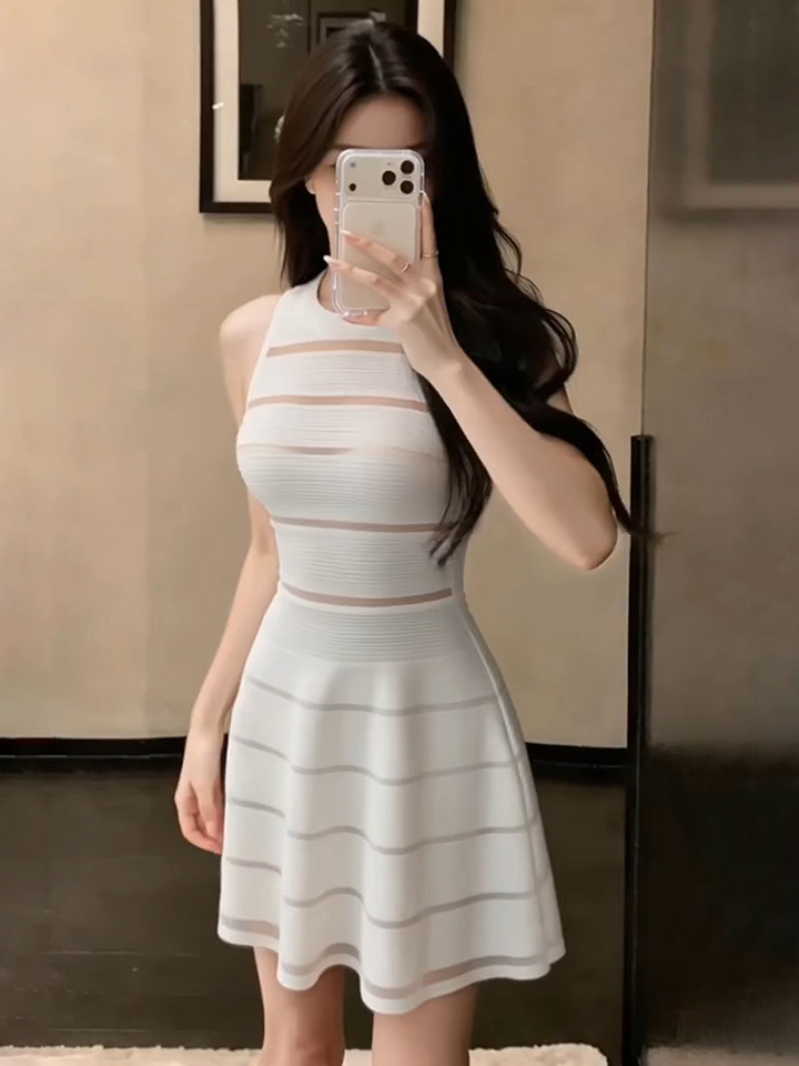 In Stock Wonyoung Same Style Mesh Spliced Hollow Out Black Striped Knit Dress Women Summer New Sleeveless - Image 3