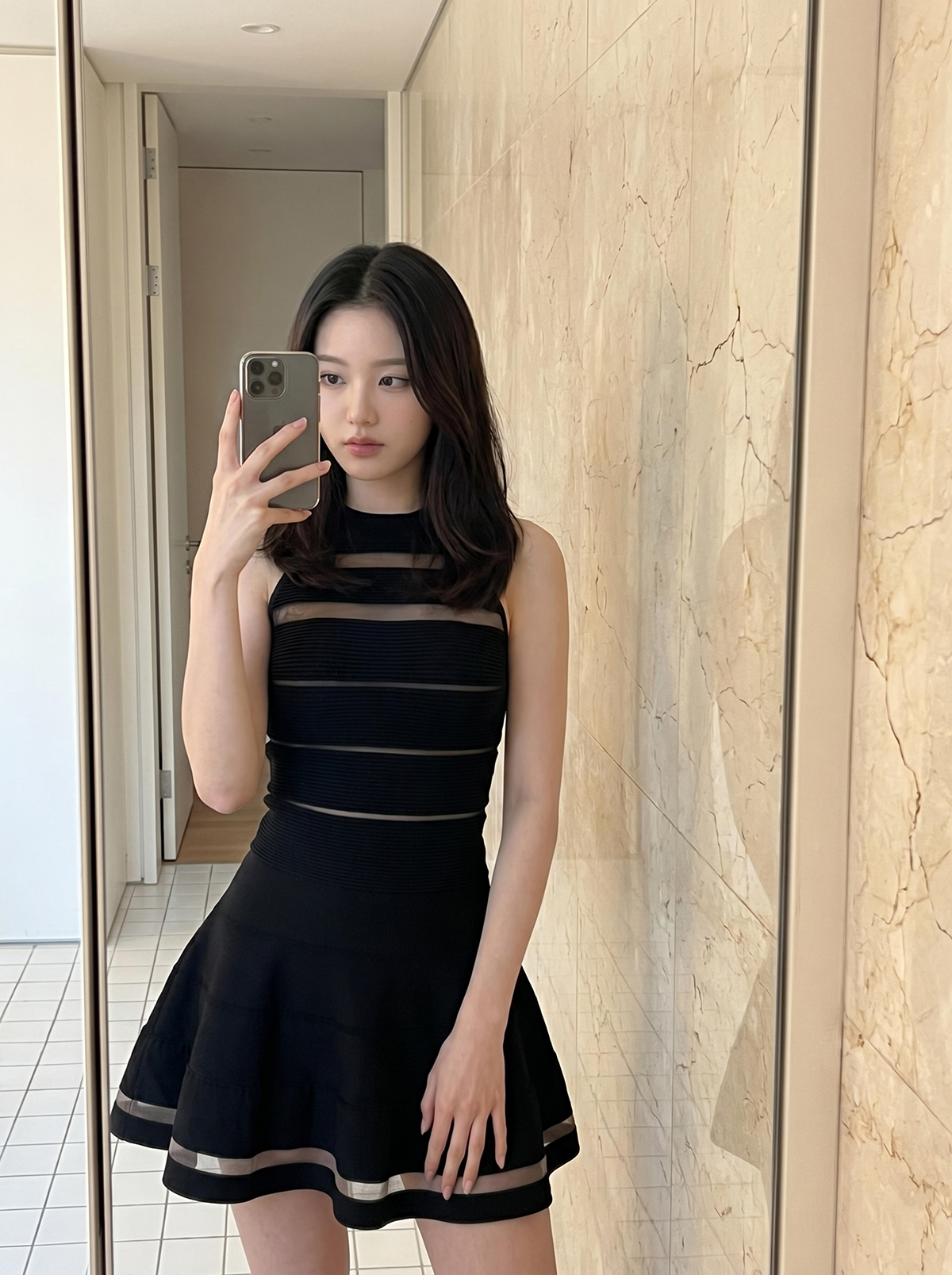 In Stock Wonyoung Same Style Mesh Spliced Hollow Out Black Striped Knit Dress Women Summer New Sleeveless - Image 4