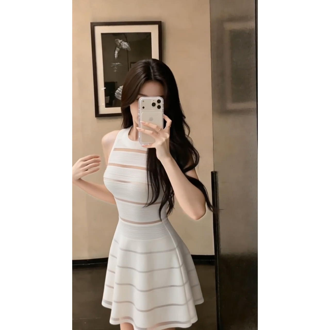 In Stock Wonyoung Same Style Mesh Spliced Hollow Out Black Striped Knit Dress Women Summer New Sleeveless - Image 5