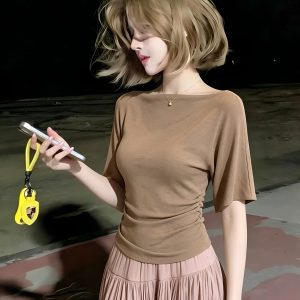 Korean One-Shoulder Knit Top Women 2026 Summer Slimming Short Sleeve