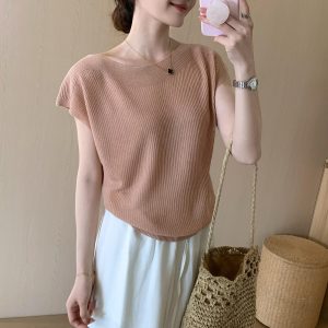 Korean Style Soft Lazy Pink Viscose Knit Short Sleeve Top for Women Summer