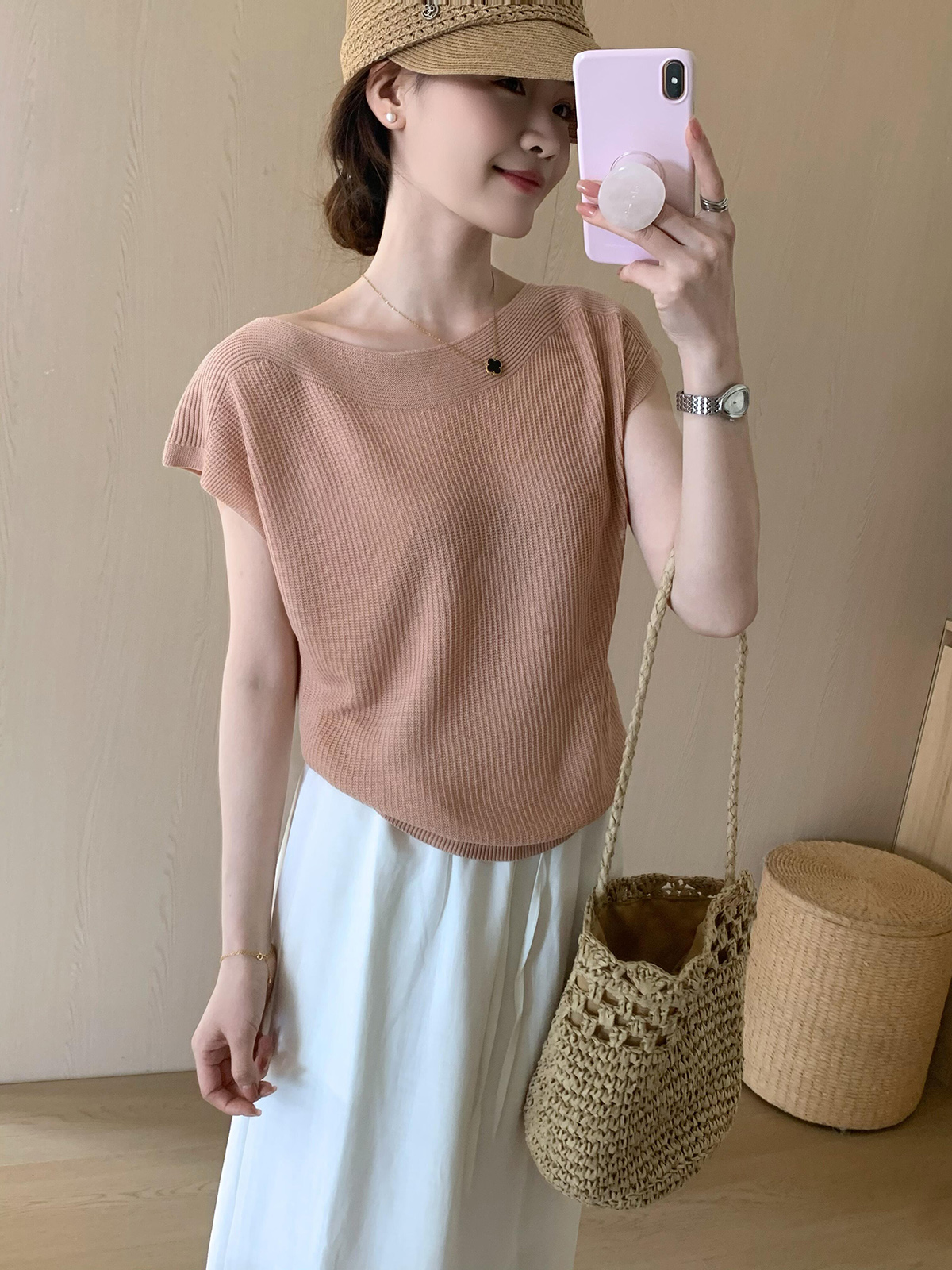 Korean Style Soft Lazy Pink Viscose Knit Short Sleeve Top for Women Summer