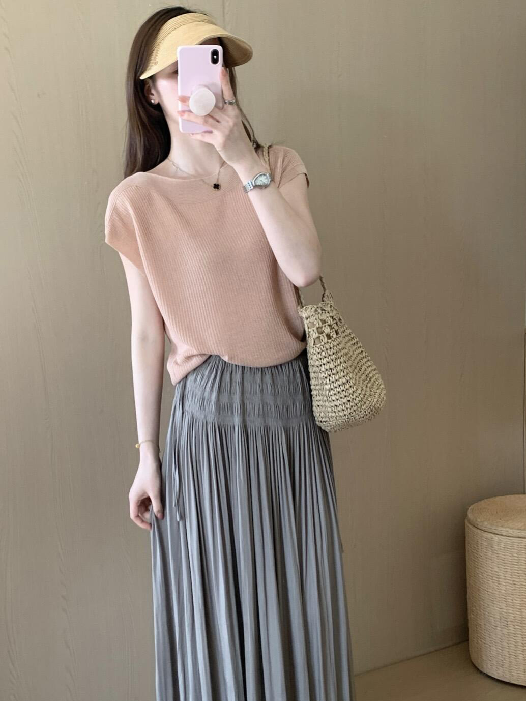 Korean Style Soft Lazy Pink Viscose Knit Short Sleeve Top for Women Summer - Image 3