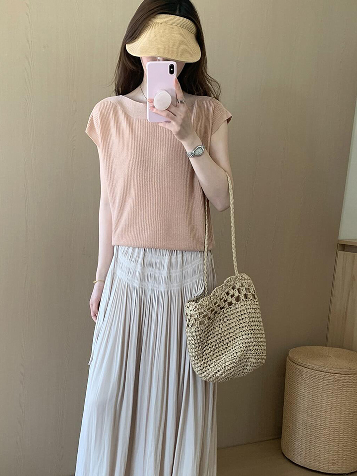 Korean Style Soft Lazy Pink Viscose Knit Short Sleeve Top for Women Summer - Image 4