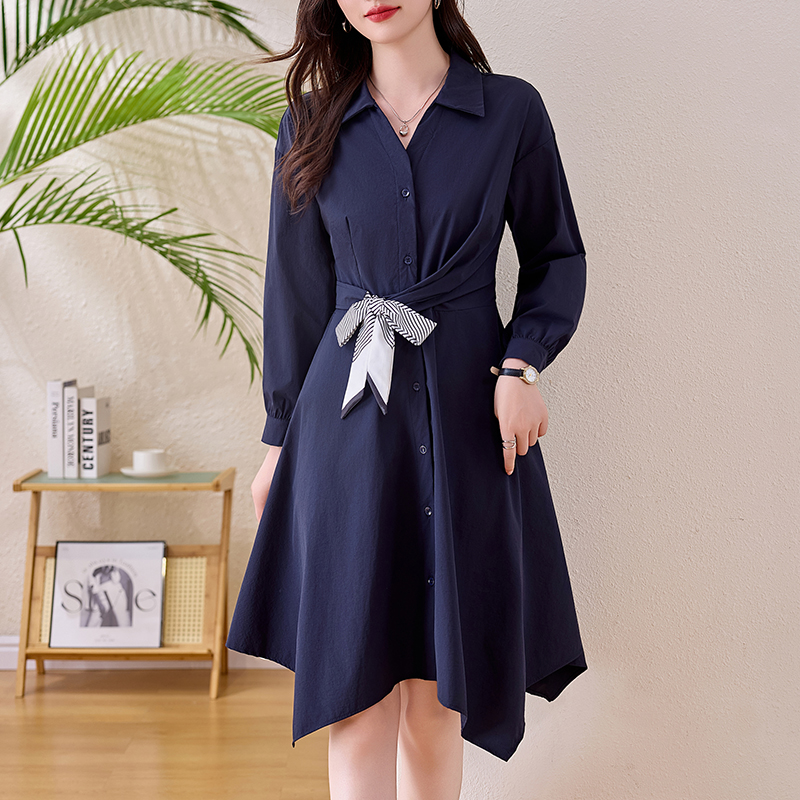 Navy Shirt Collar Irregular Hem Plus Size Dress Long Sleeve Fall 2026 - Image 2
