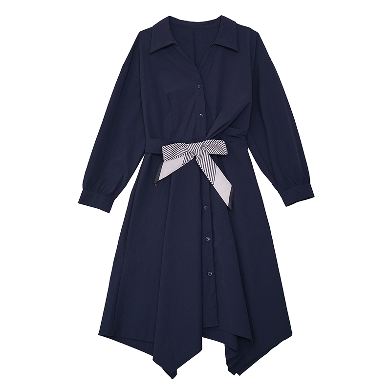 Navy Shirt Collar Irregular Hem Plus Size Dress Long Sleeve Fall 2026 - Image 5