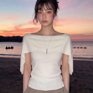 Off-Shoulder Cape Short-Sleeve Knit Top for Women Summer Relaxed Waist-Cinched Drape