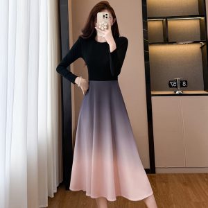 Plus Size Black Gradient A-Line Long Sleeve Dress