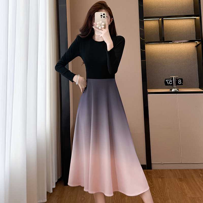 Plus Size Black Gradient A-Line Long Sleeve Dress