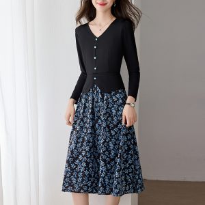 Plus Size Floral Print Two-Piece Look Long Sleeve Midi Dress