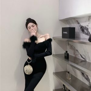 Sexy Off-Shoulder Knit Dress Women Winter Slimming Bodycon Midi Dress Black