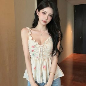 Sweet Yellow Floral Camisole Tank Top for Women Summer New Versatile Youthful Casual Top