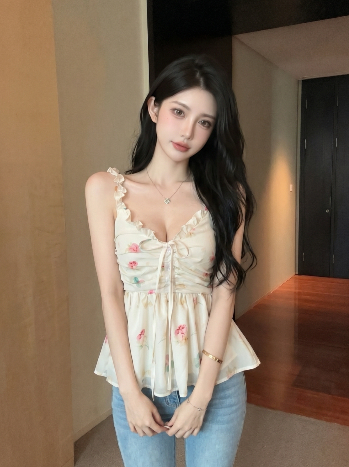 Sweet Yellow Floral Camisole Tank Top for Women Summer New Versatile Youthful Casual Top