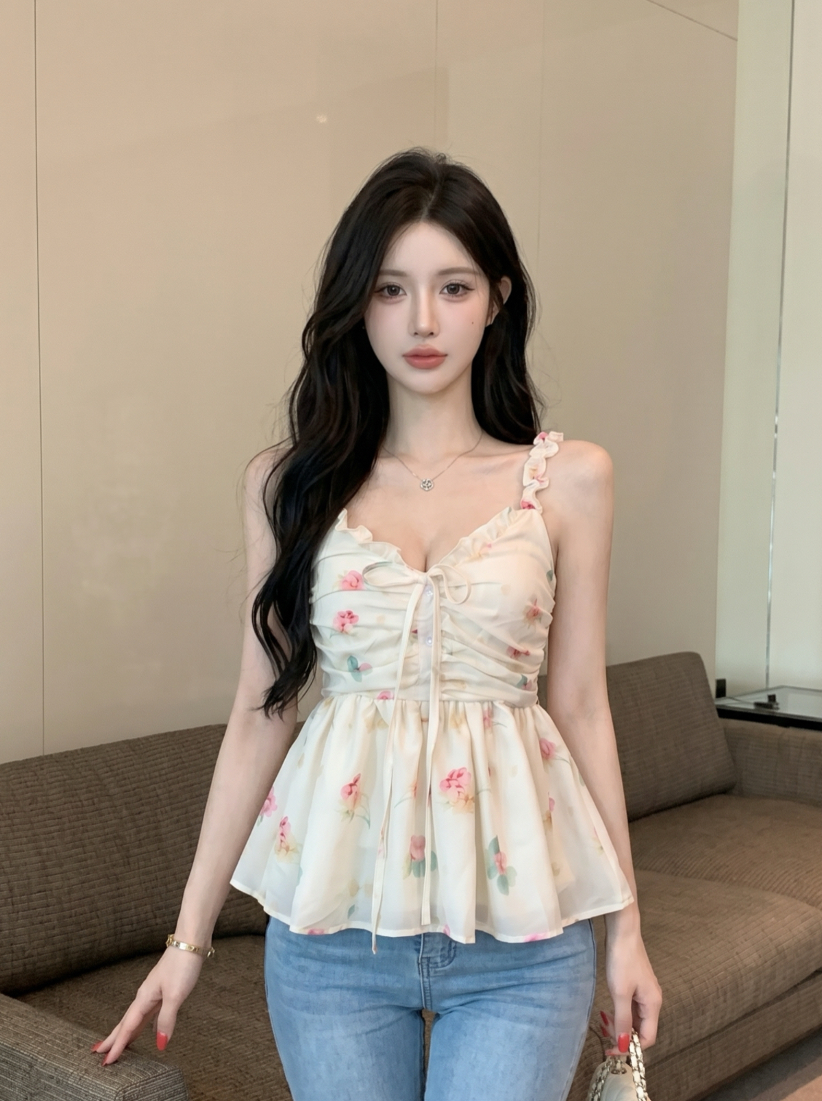 Sweet Yellow Floral Camisole Tank Top for Women Summer New Versatile Youthful Casual Top - Image 4