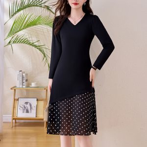 V-Neck Faux Two-Piece Black Polka Dot Plus Size Long Sleeve Dress