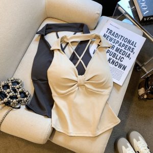 Women's Cross Back Halter Cami Top with Twist Knot and Collar Slim Short Fit